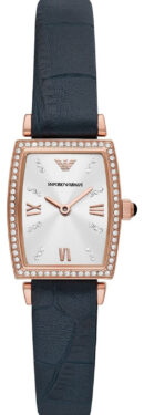 Emporio Armani Gianni T Bar Crystals Silver Dial Blue Leather Strap Watch For Women - AR11469